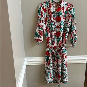 Anthropologie Fig & Flower Red & Green Floral Midi Shirtdress Linen Blend 2X